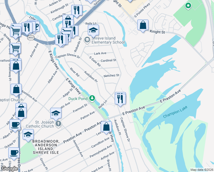 map of restaurants, bars, coffee shops, grocery stores, and more near 941 Captain Shreve Drive in Shreveport
