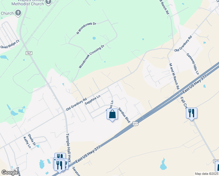 map of restaurants, bars, coffee shops, grocery stores, and more near 4825 Topaz Lane in Granbury