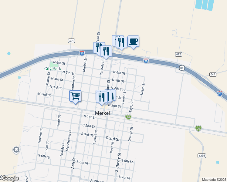 map of restaurants, bars, coffee shops, grocery stores, and more near 311 Edwards Street in Merkel