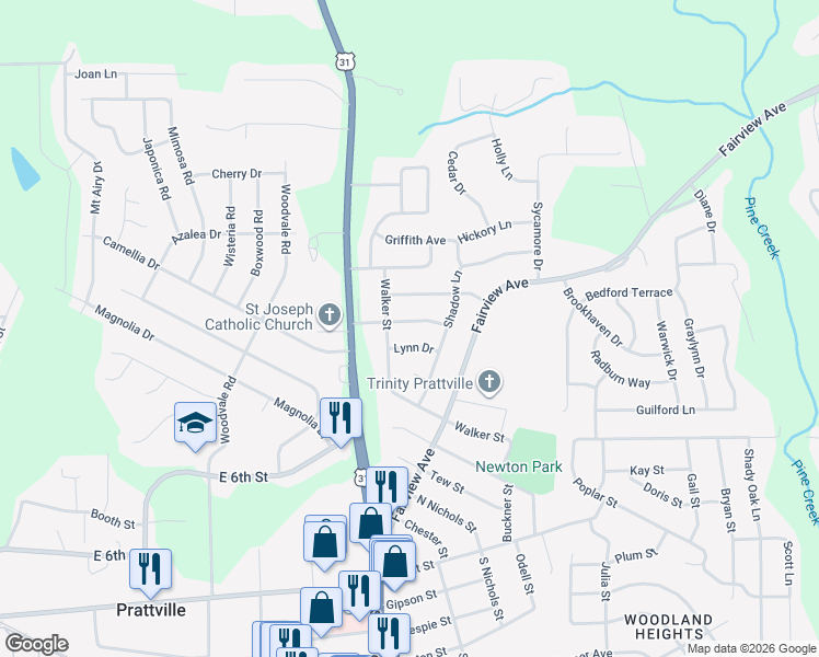 map of restaurants, bars, coffee shops, grocery stores, and more near 109 Woodley Avenue in Prattville