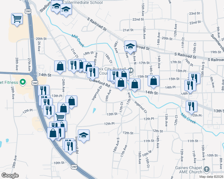 map of restaurants, bars, coffee shops, grocery stores, and more near 1850 Crawford Road in Phenix City