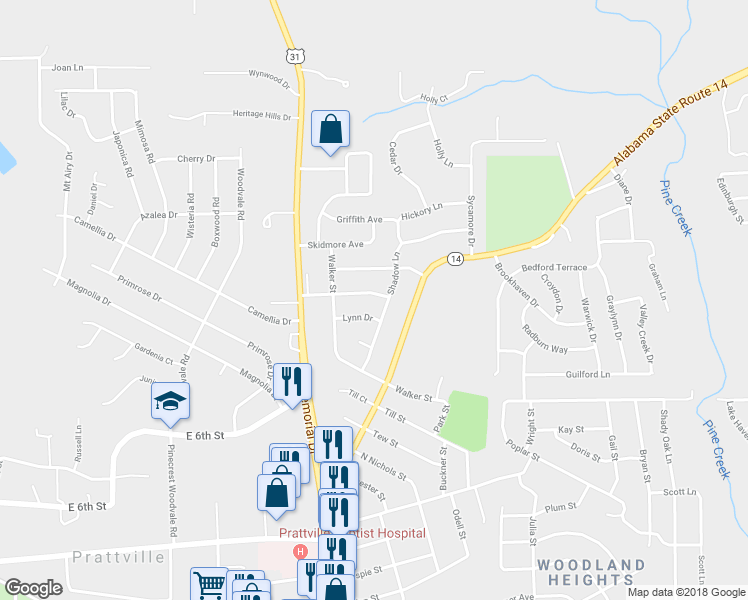 map of restaurants, bars, coffee shops, grocery stores, and more near 103 Woodley Avenue in Prattville