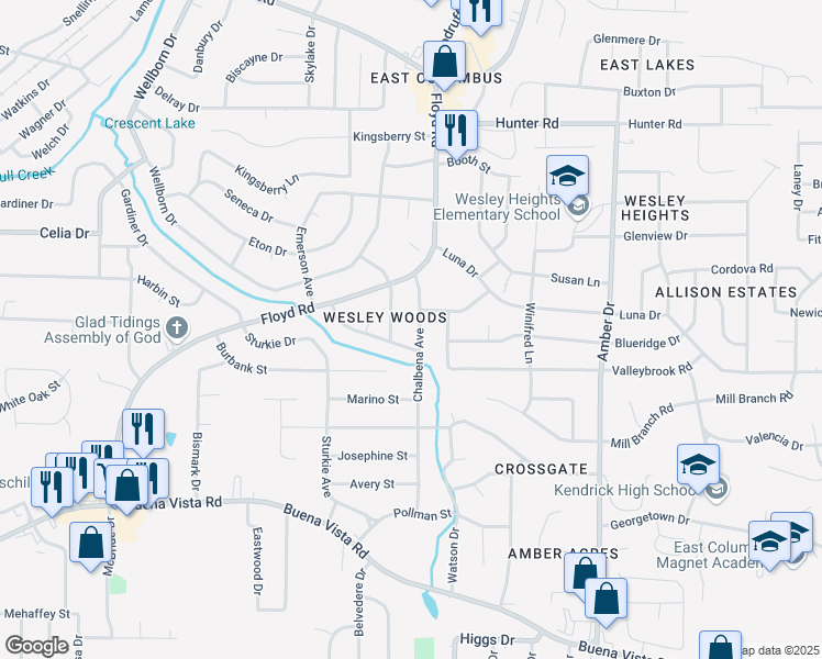 map of restaurants, bars, coffee shops, grocery stores, and more near 1415 Chalbena Avenue in Columbus