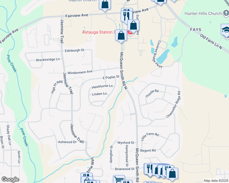 map of restaurants, bars, coffee shops, grocery stores, and more near 1676 Hawthorne Street in Prattville