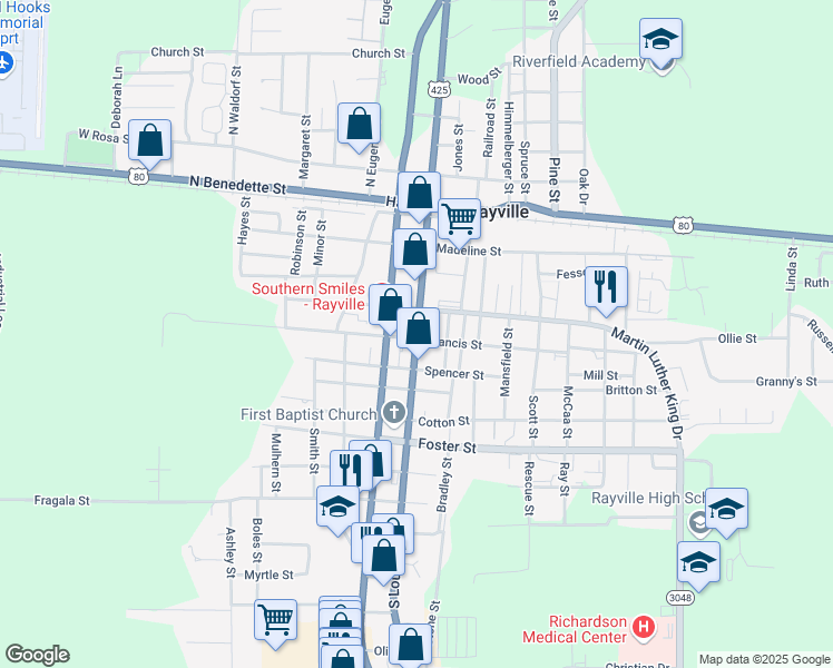 map of restaurants, bars, coffee shops, grocery stores, and more near 834 North Louisa Street in Rayville
