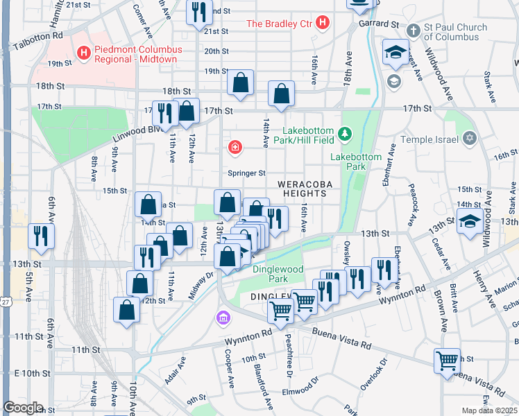 map of restaurants, bars, coffee shops, grocery stores, and more near 1354 Virginia Street in Columbus