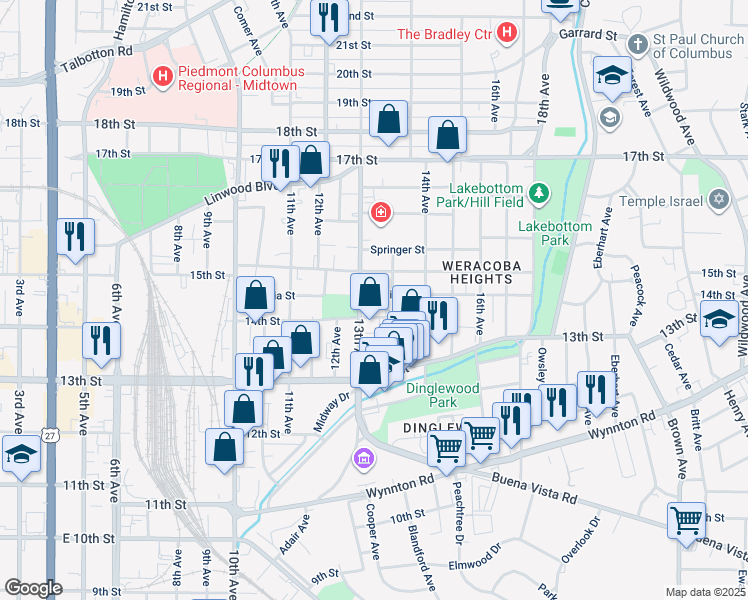 map of restaurants, bars, coffee shops, grocery stores, and more near 1310 Virginia Street in Columbus