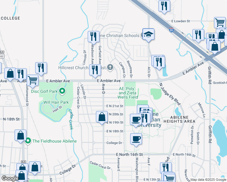 map of restaurants, bars, coffee shops, grocery stores, and more near 641 East North 23rd Street in Abilene