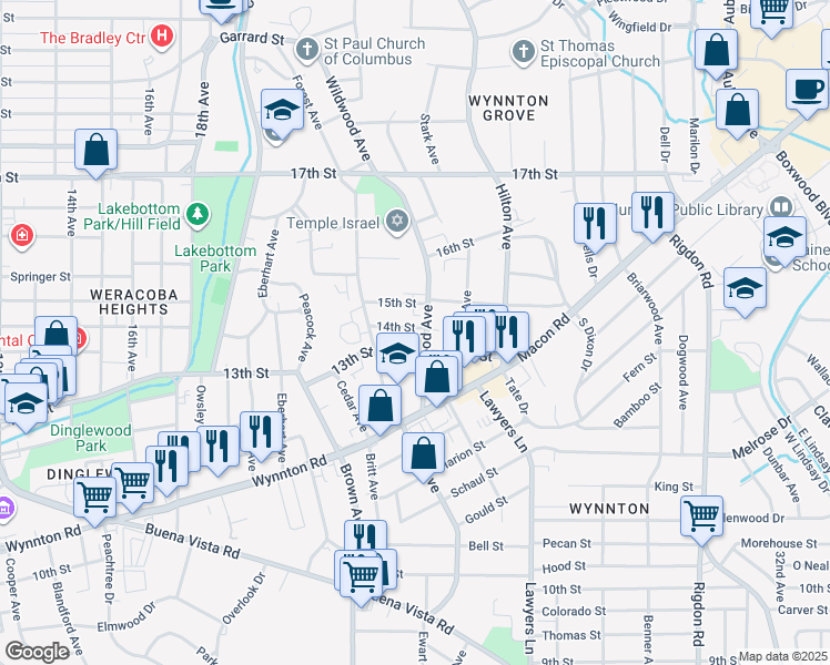 map of restaurants, bars, coffee shops, grocery stores, and more near 1321 Wildwood Avenue in Columbus