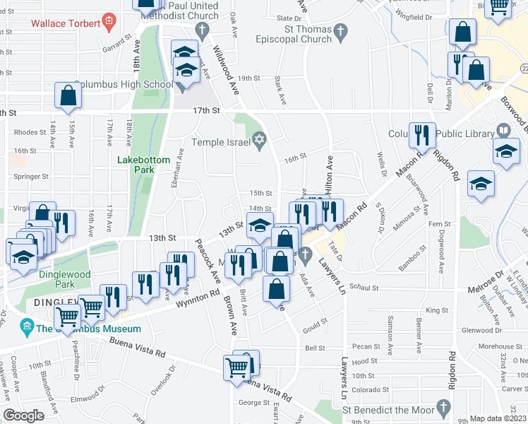 map of restaurants, bars, coffee shops, grocery stores, and more near 2230 14th Street in Columbus