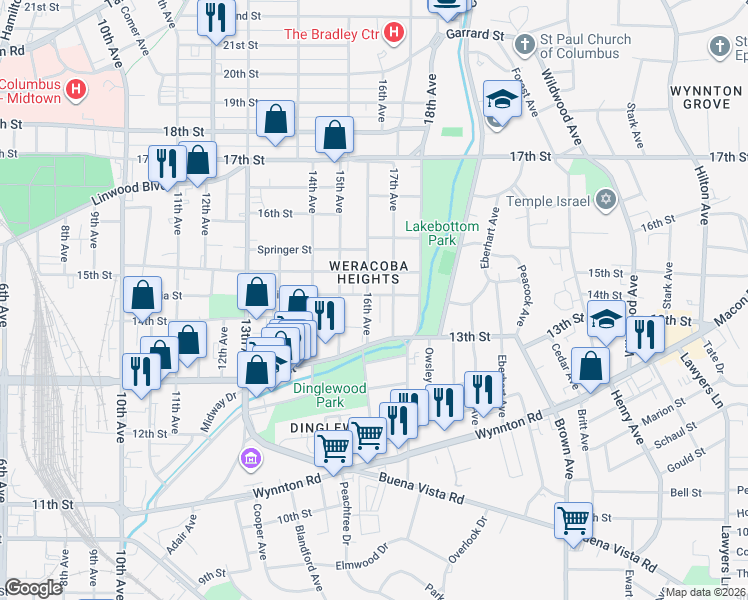 map of restaurants, bars, coffee shops, grocery stores, and more near 1416 16th Avenue in Columbus