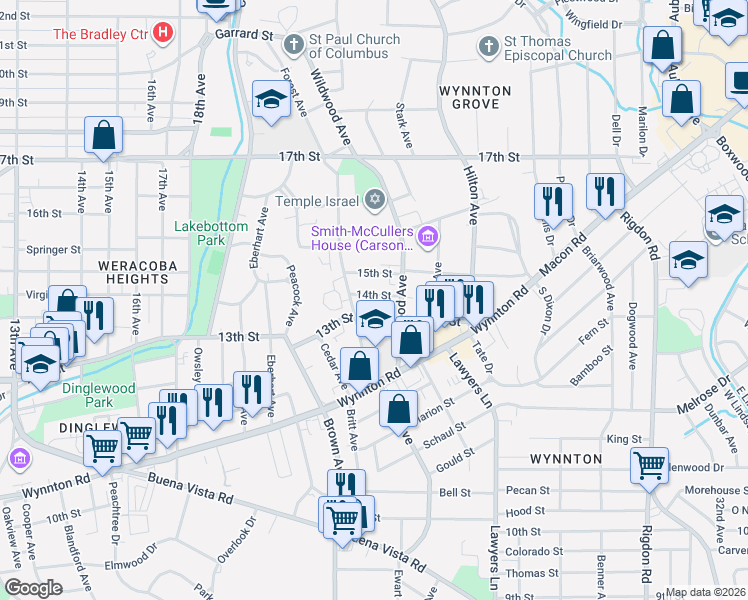 map of restaurants, bars, coffee shops, grocery stores, and more near 2237 14th Street in Columbus