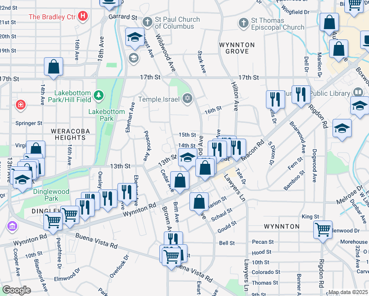 map of restaurants, bars, coffee shops, grocery stores, and more near 2237 14th Street in Columbus