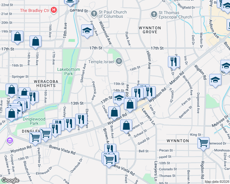 map of restaurants, bars, coffee shops, grocery stores, and more near 1318 Forest Avenue in Columbus