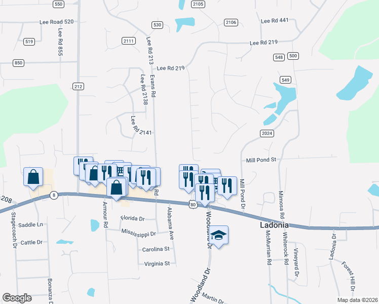 map of restaurants, bars, coffee shops, grocery stores, and more near 406 Lee Road 2170 in Phenix City