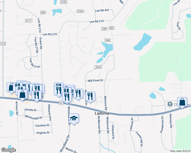 map of restaurants, bars, coffee shops, grocery stores, and more near 34 Lake Lane in Phenix City