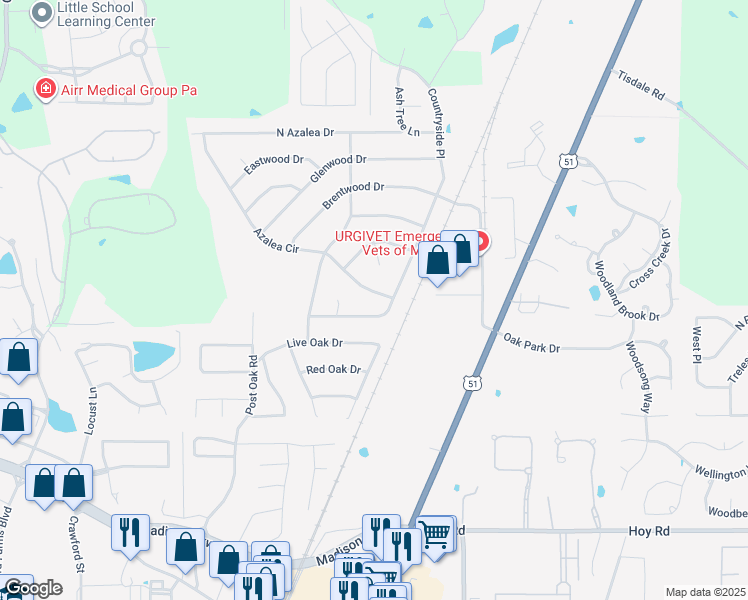 map of restaurants, bars, coffee shops, grocery stores, and more near 111 Azalea Circle in Madison