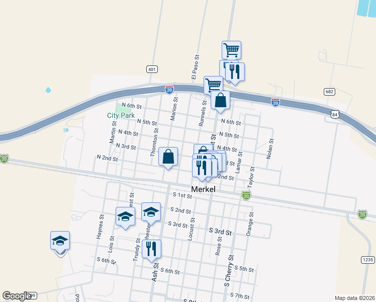 map of restaurants, bars, coffee shops, grocery stores, and more near 1206 North 3rd Street in Merkel