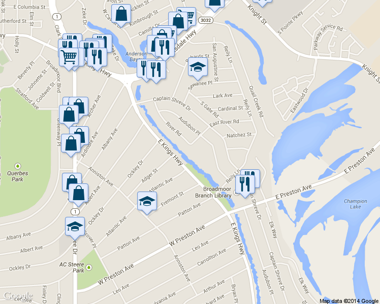 map of restaurants, bars, coffee shops, grocery stores, and more near 903 River Road in Shreveport