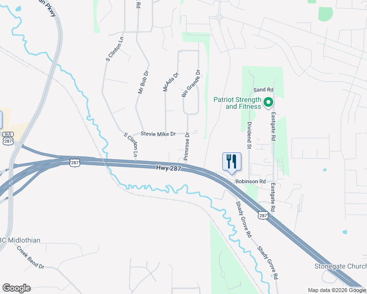map of restaurants, bars, coffee shops, grocery stores, and more near 2621 West Hideaway Court in Midlothian
