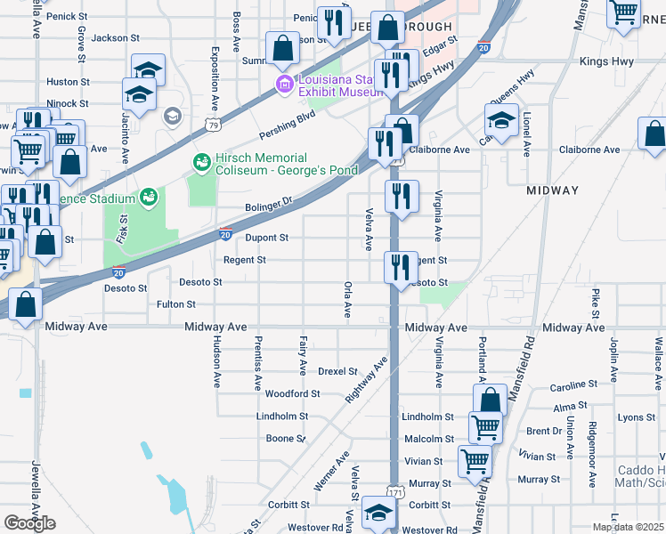 map of restaurants, bars, coffee shops, grocery stores, and more near 2919 Regent St in Shreveport
