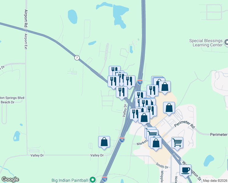 map of restaurants, bars, coffee shops, grocery stores, and more near 1509 Sam Nunn Boulevard in Perry