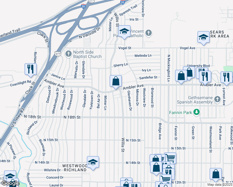 map of restaurants, bars, coffee shops, grocery stores, and more near 3413 Ambler Avenue in Abilene