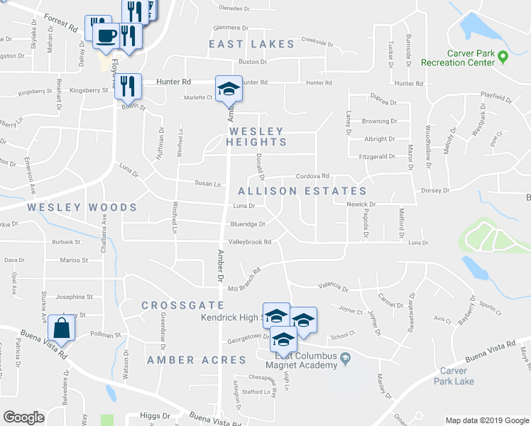 map of restaurants, bars, coffee shops, grocery stores, and more near 5926 Luna Drive in Columbus
