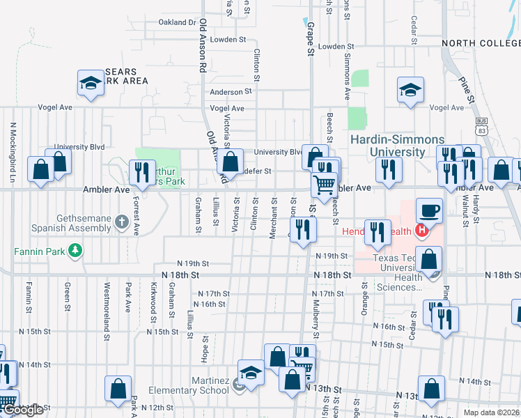 map of restaurants, bars, coffee shops, grocery stores, and more near 2125 Clinton St in Abilene