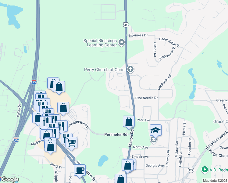 map of restaurants, bars, coffee shops, grocery stores, and more near 303 Spring Creek Drive in Perry