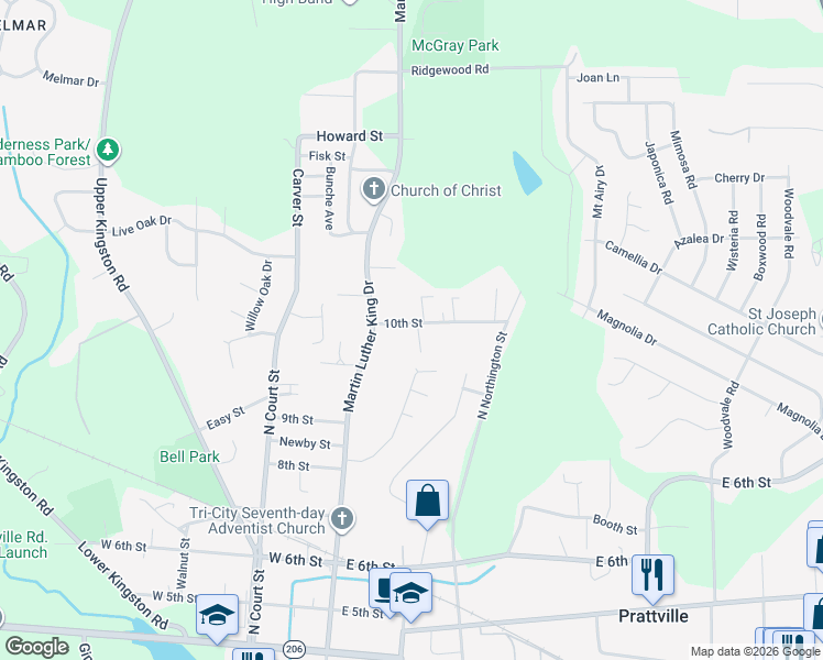 map of restaurants, bars, coffee shops, grocery stores, and more near 126 10th Street in Prattville