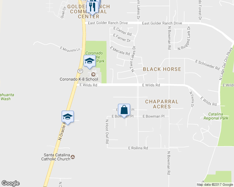 map of restaurants, bars, coffee shops, grocery stores, and more near 3541 East Nightingale Place in Tucson