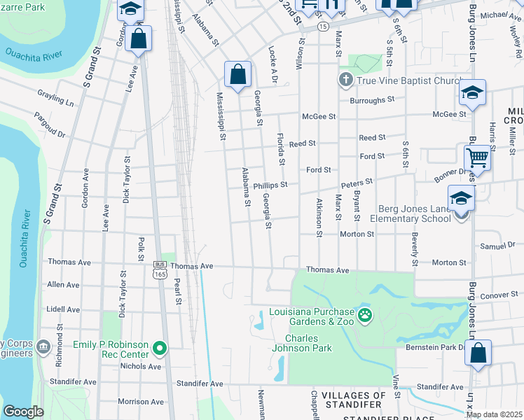 map of restaurants, bars, coffee shops, grocery stores, and more near 2804 Georgia St in Monroe