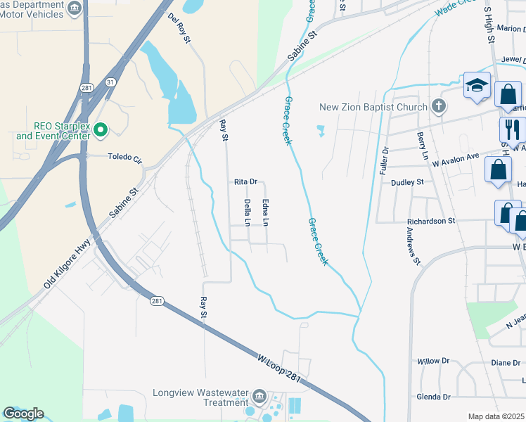 map of restaurants, bars, coffee shops, grocery stores, and more near 1514 Della Lane in Longview
