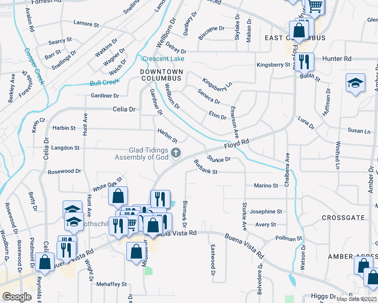 map of restaurants, bars, coffee shops, grocery stores, and more near 1355 Floyd Road in Columbus