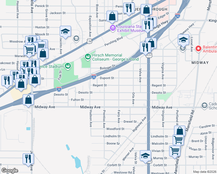 map of restaurants, bars, coffee shops, grocery stores, and more near 3043 Regent Street in Shreveport
