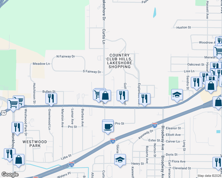map of restaurants, bars, coffee shops, grocery stores, and more near 4018 Marion Pl in Shreveport