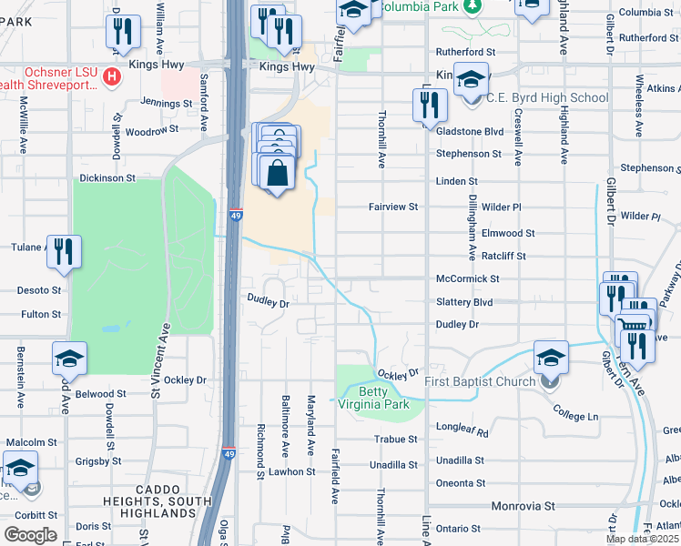map of restaurants, bars, coffee shops, grocery stores, and more near 960 McCormick Street in Shreveport