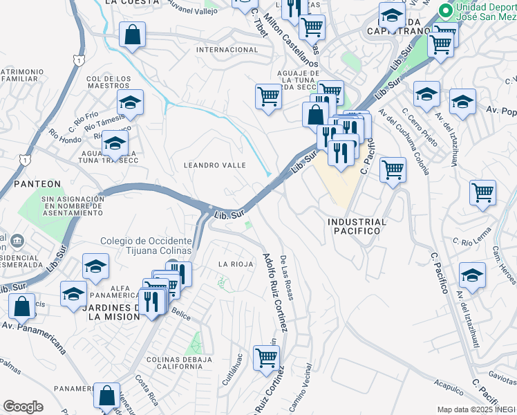 map of restaurants, bars, coffee shops, grocery stores, and more near 8700 Camino Vecinal in Tijuana