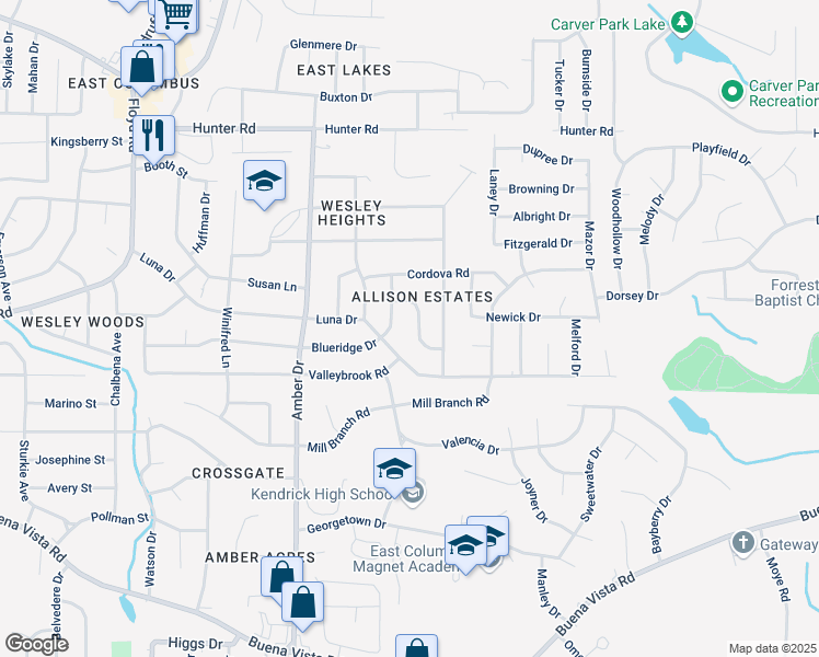 map of restaurants, bars, coffee shops, grocery stores, and more near 6050 Capri Cir in Columbus