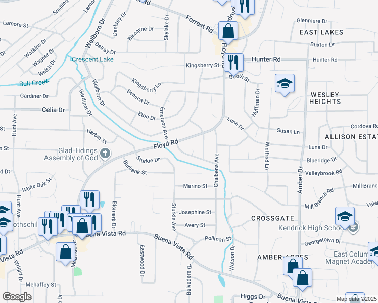 map of restaurants, bars, coffee shops, grocery stores, and more near 4955 Bonnybrook Way in Columbus