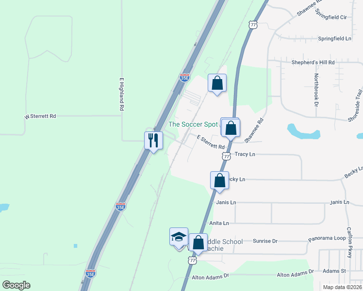 map of restaurants, bars, coffee shops, grocery stores, and more near 100 West Sterrett Road in Waxahachie