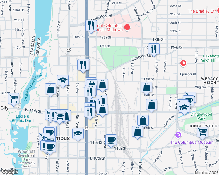 map of restaurants, bars, coffee shops, grocery stores, and more near 1506 6th Avenue in Columbus