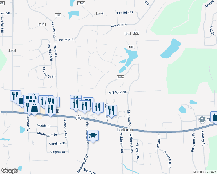 map of restaurants, bars, coffee shops, grocery stores, and more near 545 Mill Pond Drive in Phenix City