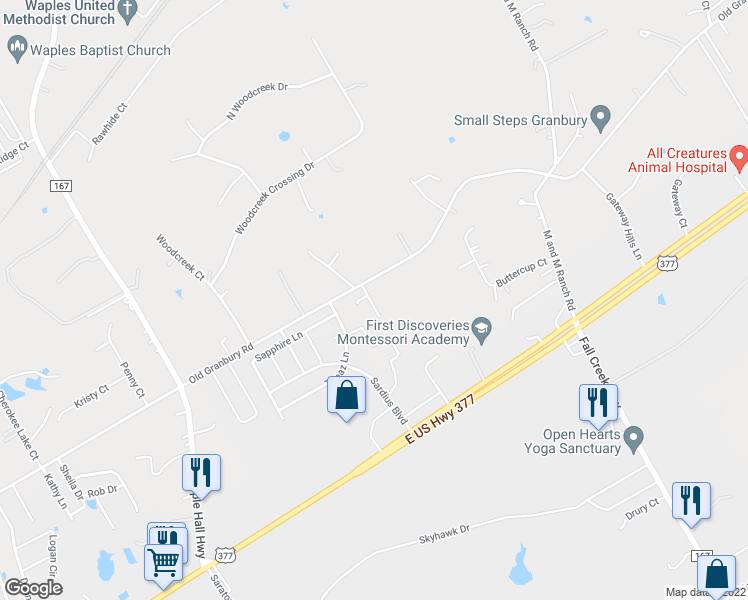 map of restaurants, bars, coffee shops, grocery stores, and more near 4908 Opal Court in Granbury