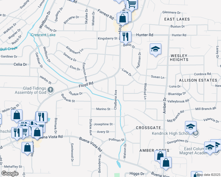 map of restaurants, bars, coffee shops, grocery stores, and more near 1414 Hagan Drive in Columbus