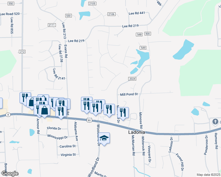 map of restaurants, bars, coffee shops, grocery stores, and more near 29 Cedarwood Court in Phenix City