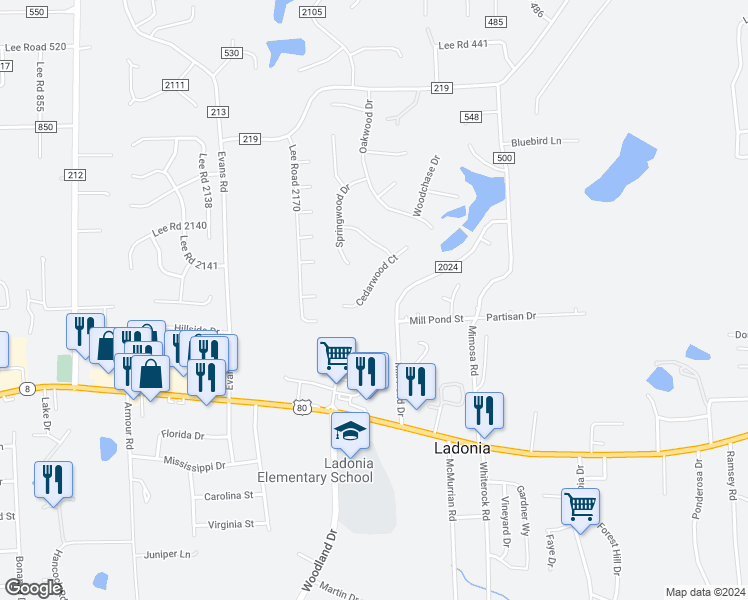 map of restaurants, bars, coffee shops, grocery stores, and more near 29 Cedarwood Court in Phenix City