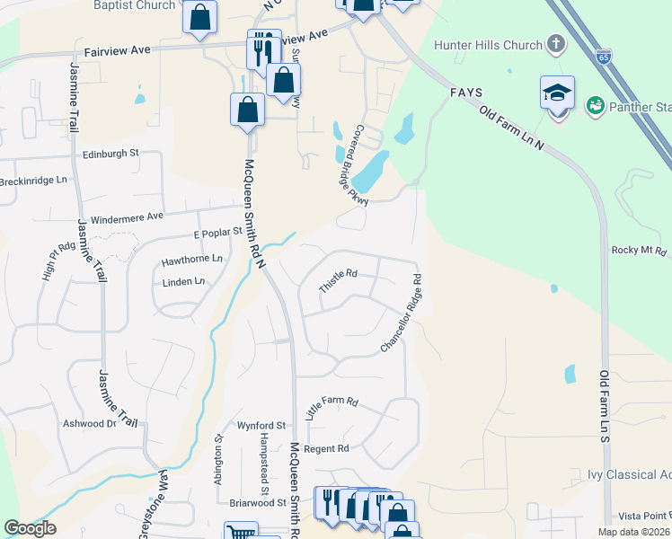 map of restaurants, bars, coffee shops, grocery stores, and more near 1030 Thistle Road in Prattville
