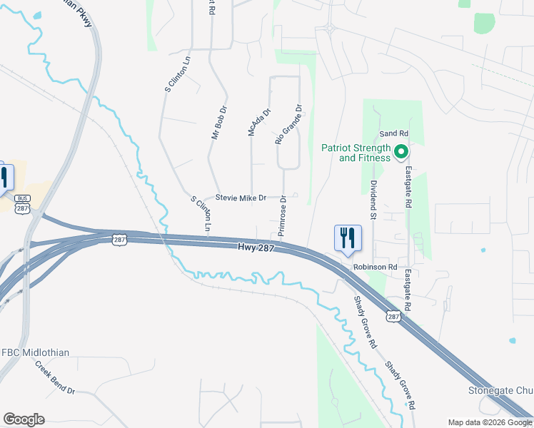 map of restaurants, bars, coffee shops, grocery stores, and more near 2621 West Hideaway Court in Midlothian